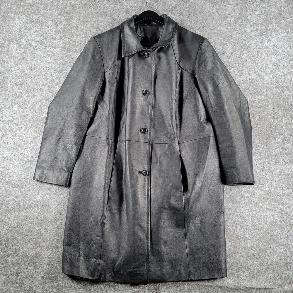 Worthington Trench Coat Long Jacket Womens Black Genuine Leather Classic Outdoor